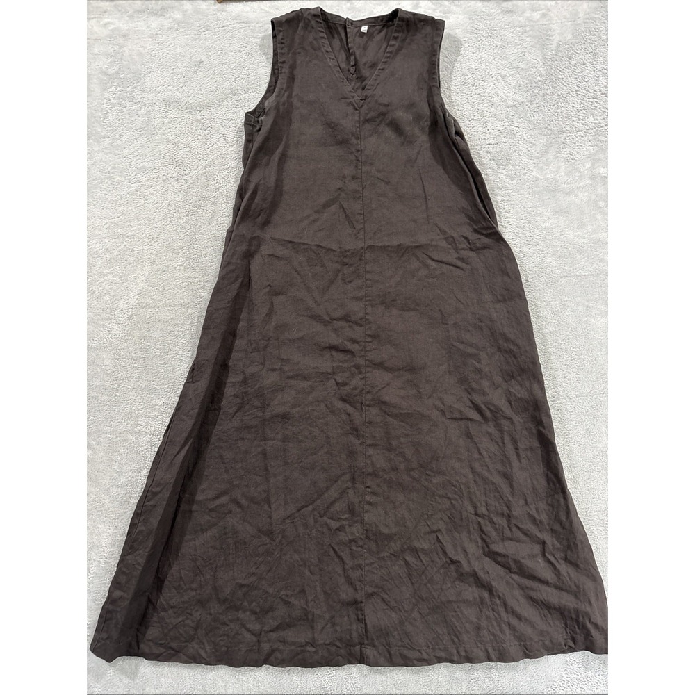 Muji Maxi Dress Women S Brown Vneck Linen Lagenlook Pockets Boho Summer Natural